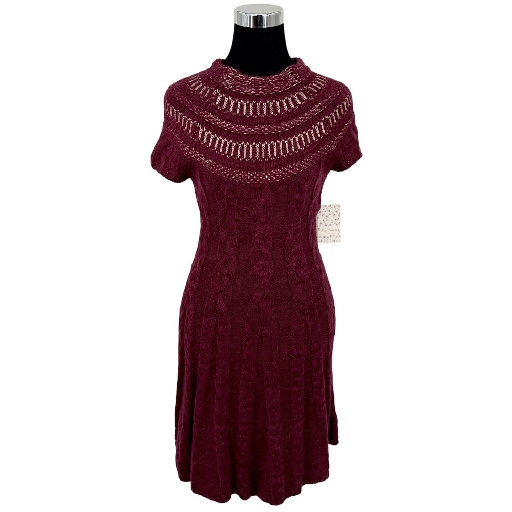 NWT Free People Dark Cherry Sequin Fit & Flare Sweater Dress | Mob Wife Coquette - Picture 2 of 16